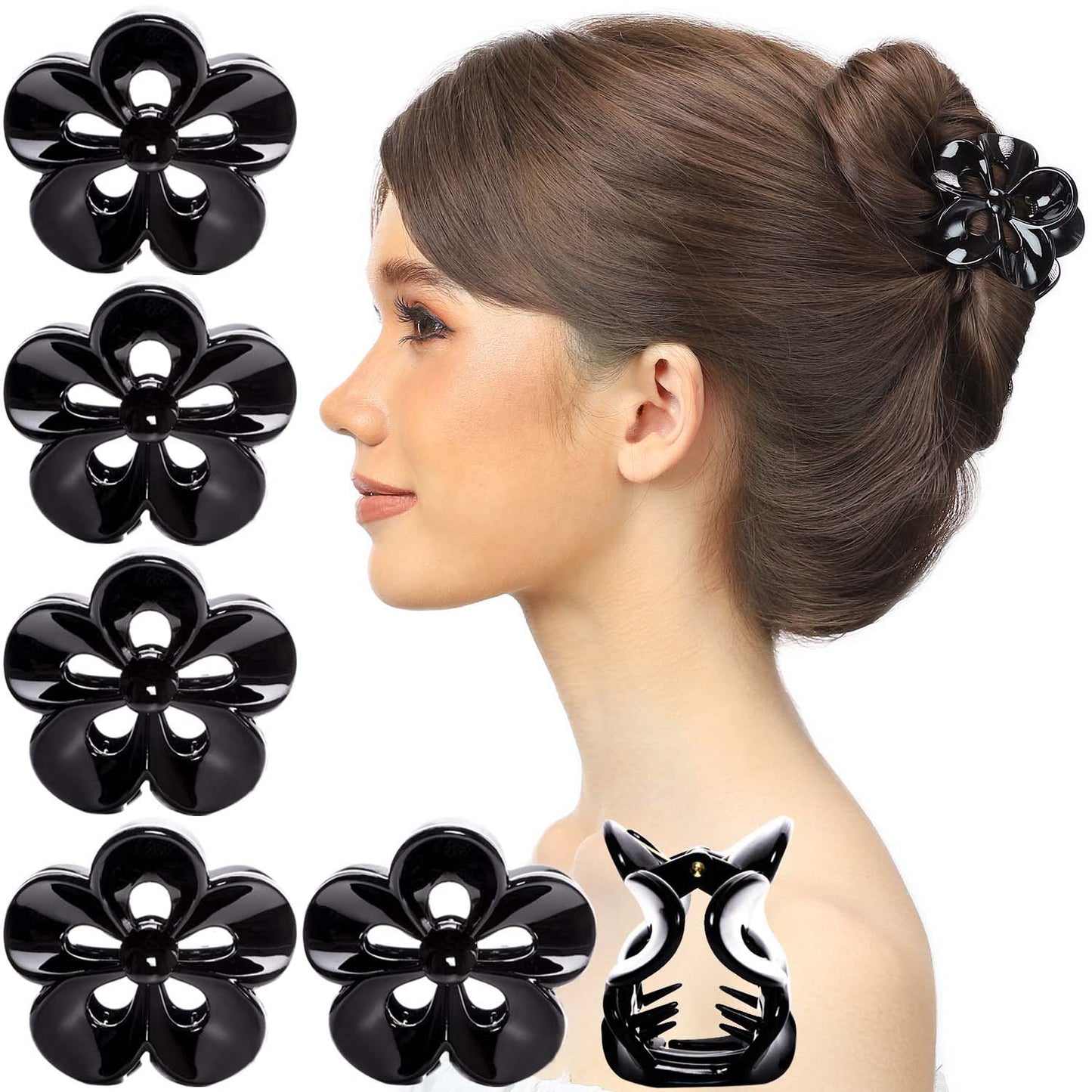 RC ROCHE ORNAMENT 6 Pcs Womens Hair Claw Jaw Clip Flower Floral Cute Pretty Girls Ladies Interlocking Teeth Strong Secure Hold No Slip Grip Clutch Clamp Beauty, Medium Black