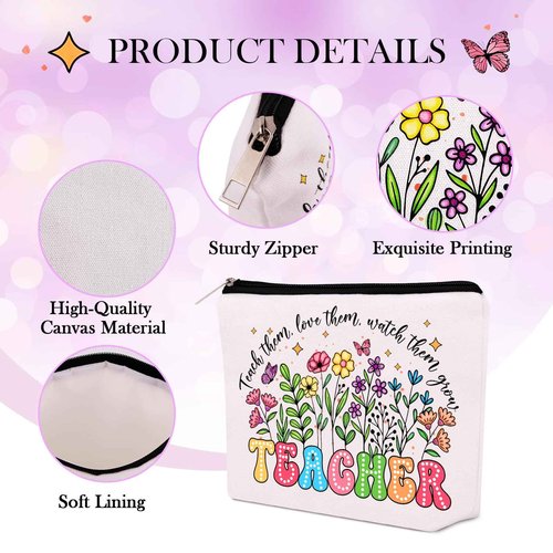 WINOWIMO Personalized Teacher Appreciation Gifts for Women, Thank You Graduation Gifts with Teacher Makeup Bag, Initial Cute Keychain, Teach Bracelets and Thank You Card (J)