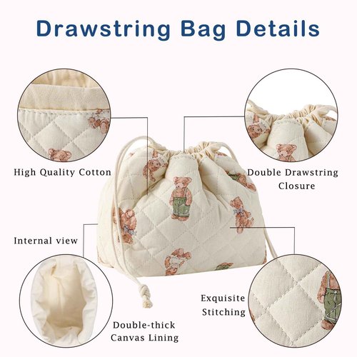 RSRSLEII 3Pcs Aesthetic Cotton Quilted Drawstring Makeup Bag Set, Aesthetic Cute Bow Makeup Pouch for Girls and Women, Aesthetic Travel Organized Cosmetic Bags for Purse(01Bear)