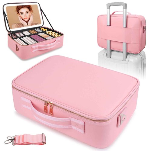 saiggnyy 15"×11" Large Pink Makeup Bag with Mirror, Personal Item Travel Bag with Makeup Mirror 3 Lights, Waterproof Train Case with Mirror and Adjustable Dividers,Professional Lighted Makeup Case