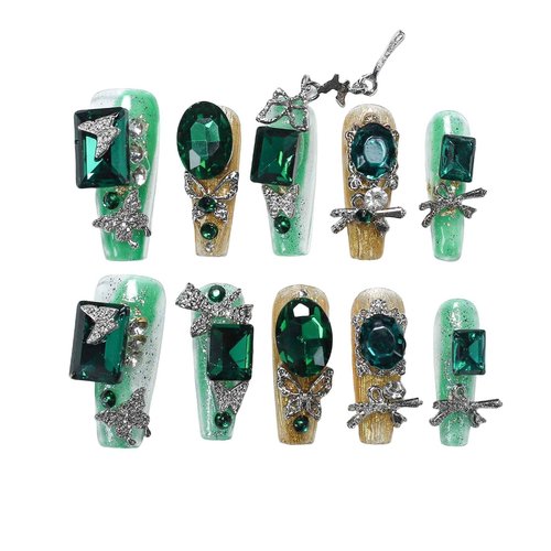 ArtiPrint Press on Nails Set with Emerald Green Large Rhinestones Butterfly Easy to Apply & Gentle on Nails, Women’s Dramatic Cosplay, Gift Box Included (DM024, S)