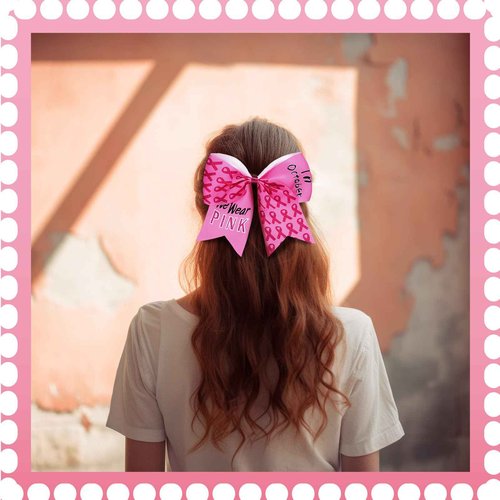 Suncalla 48 Pcs 7 Inches Breast Cancer Awareness Cheer Hair Bows Large Pink Ribbon Bow Scrunchie Glitter Hair Accessories Breast Cancer Awareness Decoration Elastic Scrunchie Band for Women