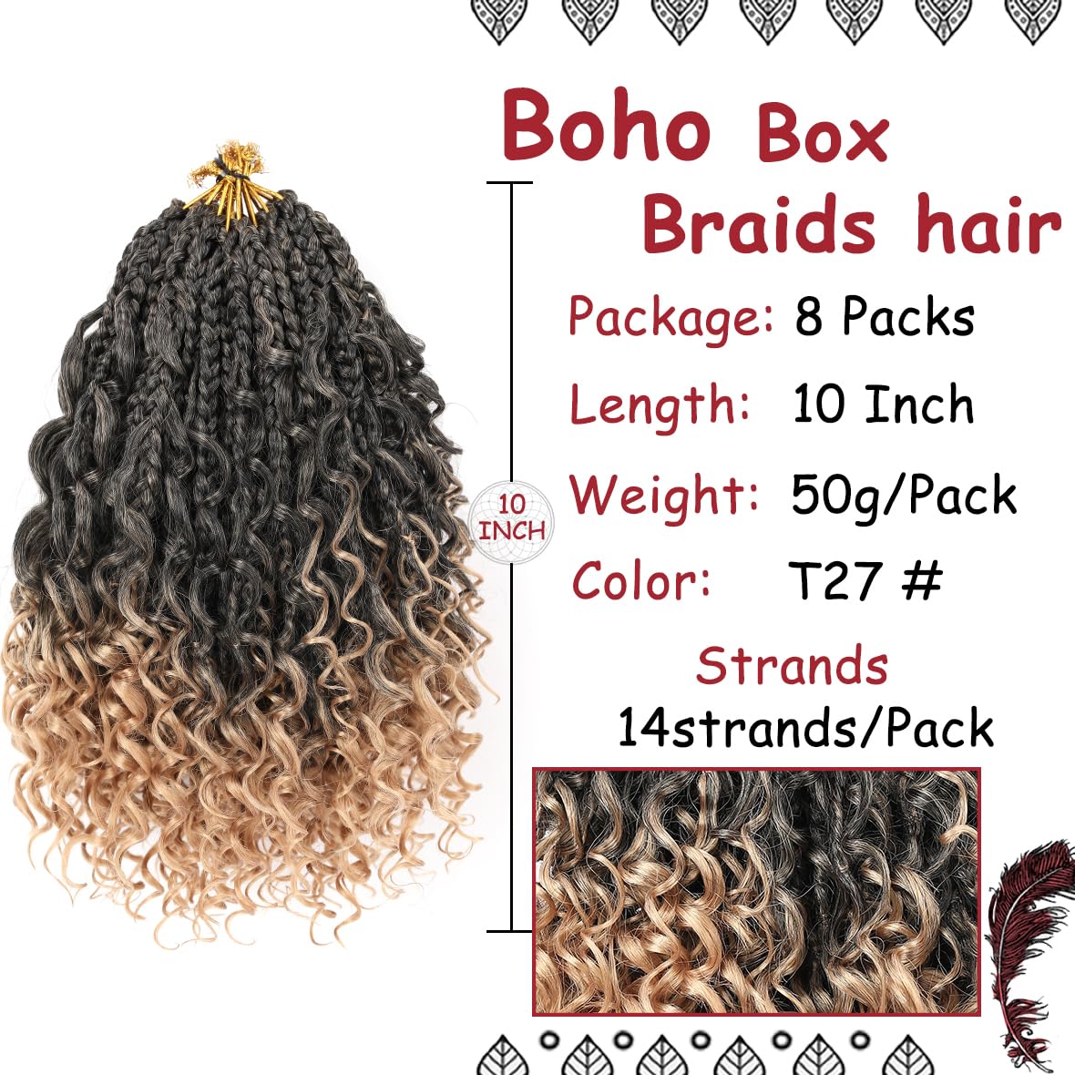 Beverlee 10 Inch 8 Packs Boho Box Braids Goddess Box Braids Crochet Hair Bohemian Hippie Braids Braiding Hair Box Braids with Curly Ends Messy Pre-looped Synthetic Crochet Hair for Black Women T27#