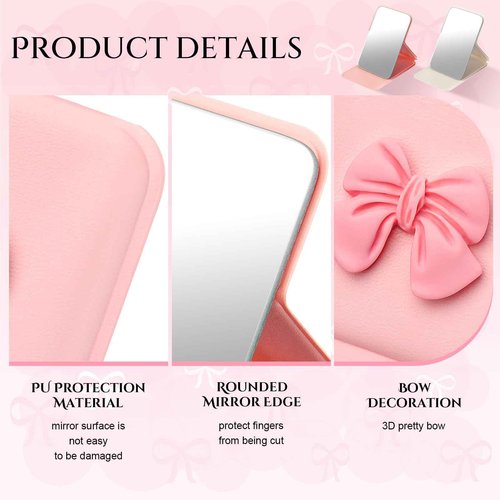Amyhill 24Pcs Party Favor Compact Fold Mini Mirror Preppy Bow Gift for Women Birthday Bridal Shower Bachelorette Graduation Party Supplies (Beige and Pink,Folding)
