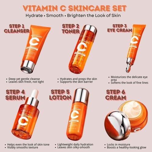 6PCS 5x Vitamin C Skincare Set with Niacinamide – Includes Cleanser, Toner, Serum, Eye Cream, Face Cream & Lotion – Hydrating 5 Heavy Vitamin C Korean Skincare Gift Kit for Women