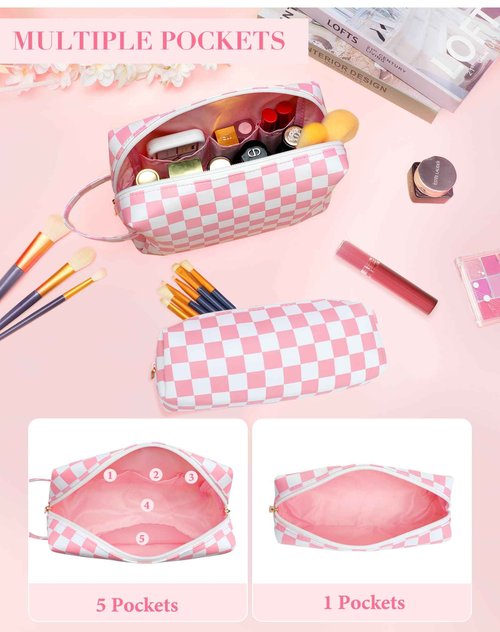 2Pcs Makeup Bag for Women, Large Checkered Cosmetic Bags with Small Makeup Brushes Bag Set, Cute Leather Make Up Organizer with Zipper, Travel Skincare Toiletry Storage Pouch for Teen Girls Gift(Pink)