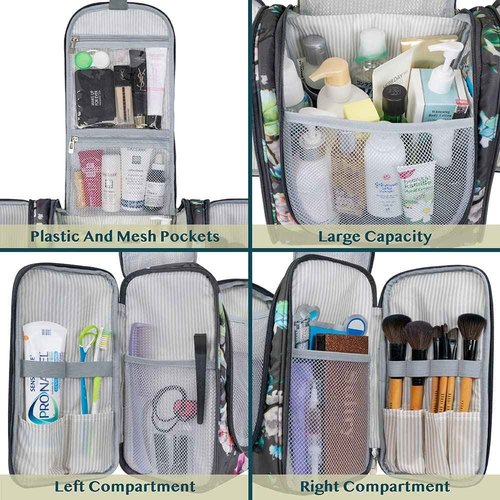 PAVILIA Extra Large Toiletry Bag Travel Bag for Women Men, Hanging Cosmetic Organizer, Water Resistant Makeup Bag for Accessories Toiletries, Travel Essentials Kit (Floral Grey)