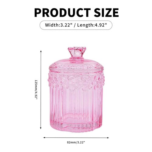 2 Pack Qtip Holder Glass Apothecary Jars with Lids Set, Crystal Q-tip Canister Jar Bathroom Vanity Organizer for Cotton Ball, Cotton Swab, Floss, Candy - Clear (Pink)