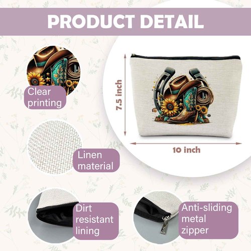 RYYCDOI Country Girl Sunflower Makeup Bag - Cowgirl Boots Cosmetic Toiletry Pouch for Women - Western Gift