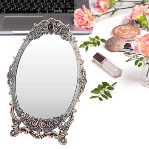 HEEPDD Vintage Rose Embossed Oval Cosmetic Mirror with Stand, Copper, 11x7.9 Inch, for Home Bedroom Bathroom