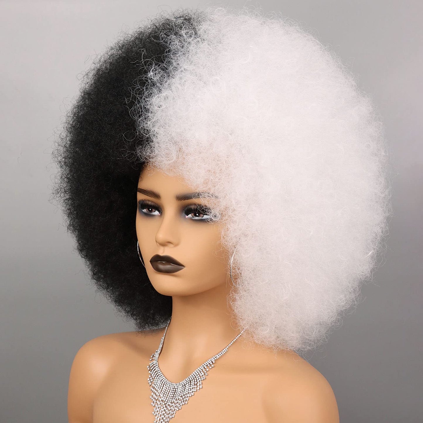 Wallden Hair 10 Inch Afro Wig Black and White Wig for Women Heat Resistant Wig With Bangs Synthetic Afro Puff Wig for Costume Cosplay Halloween Party Use (Black and White)