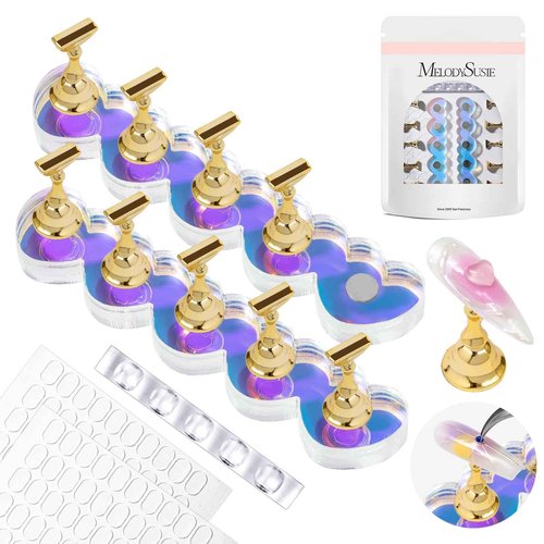 MelodySusie Nail Stand for Press Ons, Blue Heart Shape Magnetic Base for Practice Display Tips with Brush Holder and 100 Pcs Reusable Double-Sided Tape for Home DIY Salon Supplies