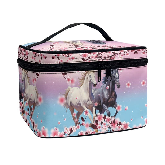 ELEDIZI Horse Makeup Bag for Women Pink Cherry Blossom Cosmetic Bag with Brush Slot Make Up Travel Bag Organizer Large Capacity Toiletry Bag with Zipper Travel Size Skincare Bag Travel Gifts for Women