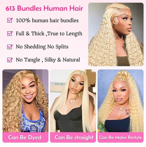 LIXION 613 Bundles Human Hair 16 Inch Blonde Deep Wave Bundles Human Hair 1 Bundle 14A Grade 100% Unprocessed Brazilian Virgin Raw Hair Weave Extensions for women 100g