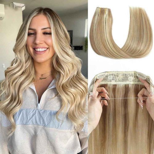 Tinashe Wire Hair Extensions Real Human Hair Straight 12inch 70g Light Blonde Highlighted Golden Blonde Invisible Wire Fish Line Hair Extensions (12 inch, #16/613)