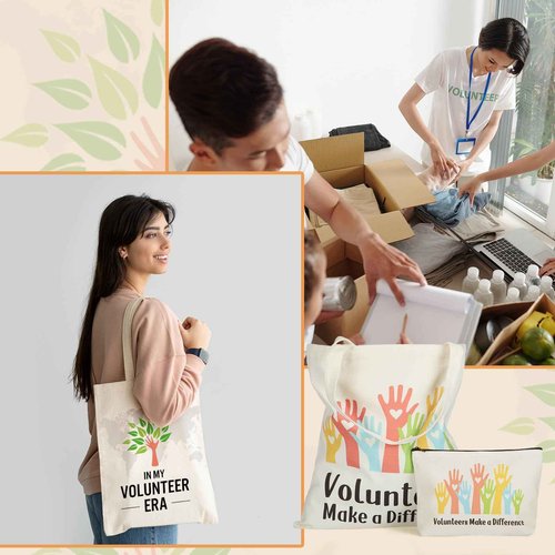 Yaomiao 12 Pcs Volunteer Appreciation Gifts Volunteer Tote and Cosmetic Bags Set for Women Funny Canvas Reusable Grocery Bag with Zipper Makeup Bag for Christmas Holiday Thank You Gifts, Church, Group