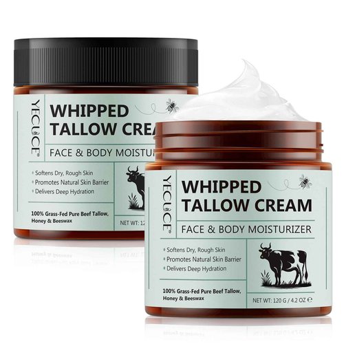 Cacukn Whipped Beef Tallow for Skin, Organic Face Moisturizer with Grass Fed Beef Tallow & Raw Honey, Deeply Moisturizes Face & Body, Reduces Skin Irritation and Sensitivity, 2 Pcs