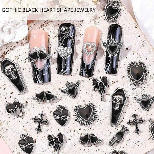 Y2K 3D Chrome Gem Nail Charms - Black Gothic Set with Cross, Heart, Tombstone, Red & Retro Designs - DIY Bracelet Charms（Black） (Black+Silver)