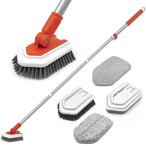 JEHONN Shower Cleaning Brush, Tub Tile Scrubber with Telescopic 51 inches Long Handle, 4 Scrub Heads for Bathroom Bathtub Floor Baseboard Sink Toilet