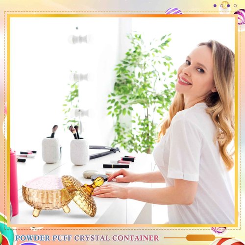 Tioncy 2 Pcs Extra Large Dusting Powder Puff and Container for Women-5.43'' Glass Crystal Dusting Powder Container with 5.91'' Body Soft Washable Reusable Velour Face(Amber,Weave Design)