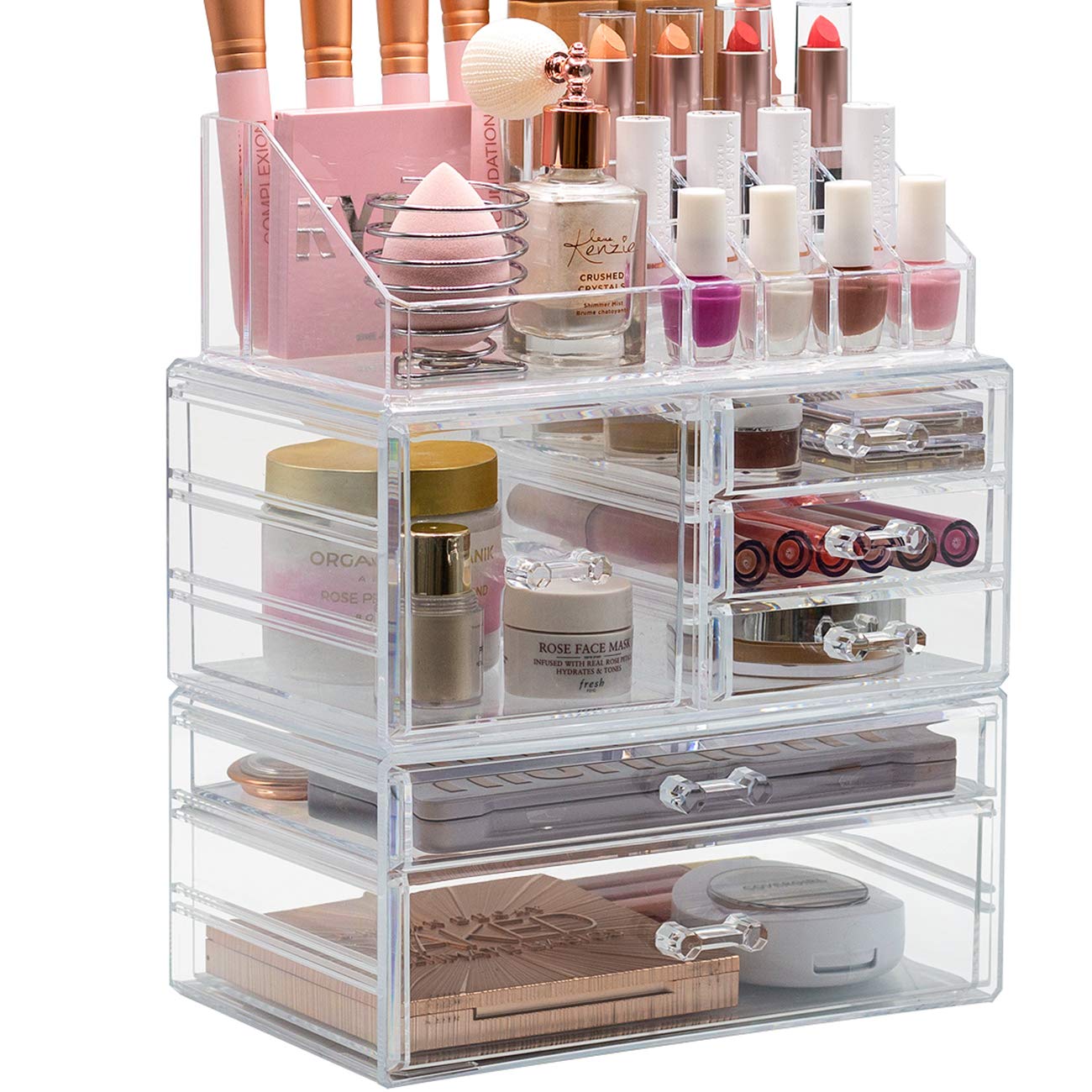 Sorbus Large Clear Makeup Organizer - Detachable 3-Piece Jewelry & Make Up Organizers and Storage Set - Spacious Cosmetic Display Tower - Makeup Organizer for Vanity, Bathroom, Dresser & Countertop