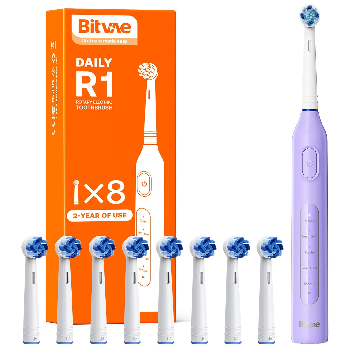 Bitvae R1 Rotating Electric Toothbrush with 8 Brush Heads for Adults and Kids, 60-Day Battery Life, 5 Modes Rechargeable Power Toothbrush with 2-Minute Smart Timer, Purple