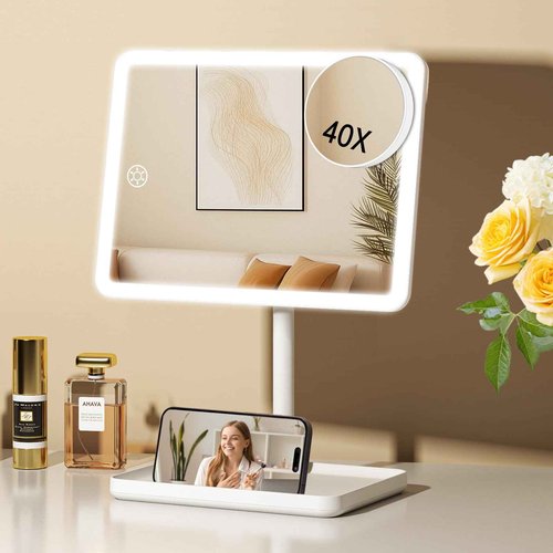 FUNTOUCH Vanity Mirror with Lights, Rechargeable Makeup Mirror with Lights,Smart Touch with 3-Color Lighting, Dimmable, Detachable 40X Magnification for Vanity Desk Tabletop,White