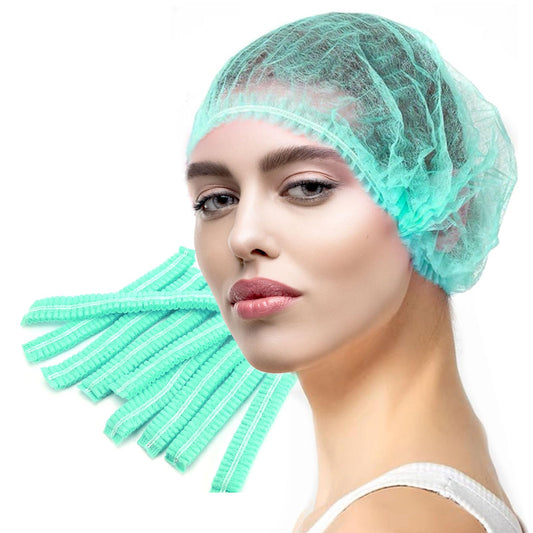 LA MIERE 100 Green Disposable Non-Woven Hairnets, Bouffant Caps, Protective Hair Head Covers, Hair Net, Surgical Cap, Medical Hair Covers, 21"