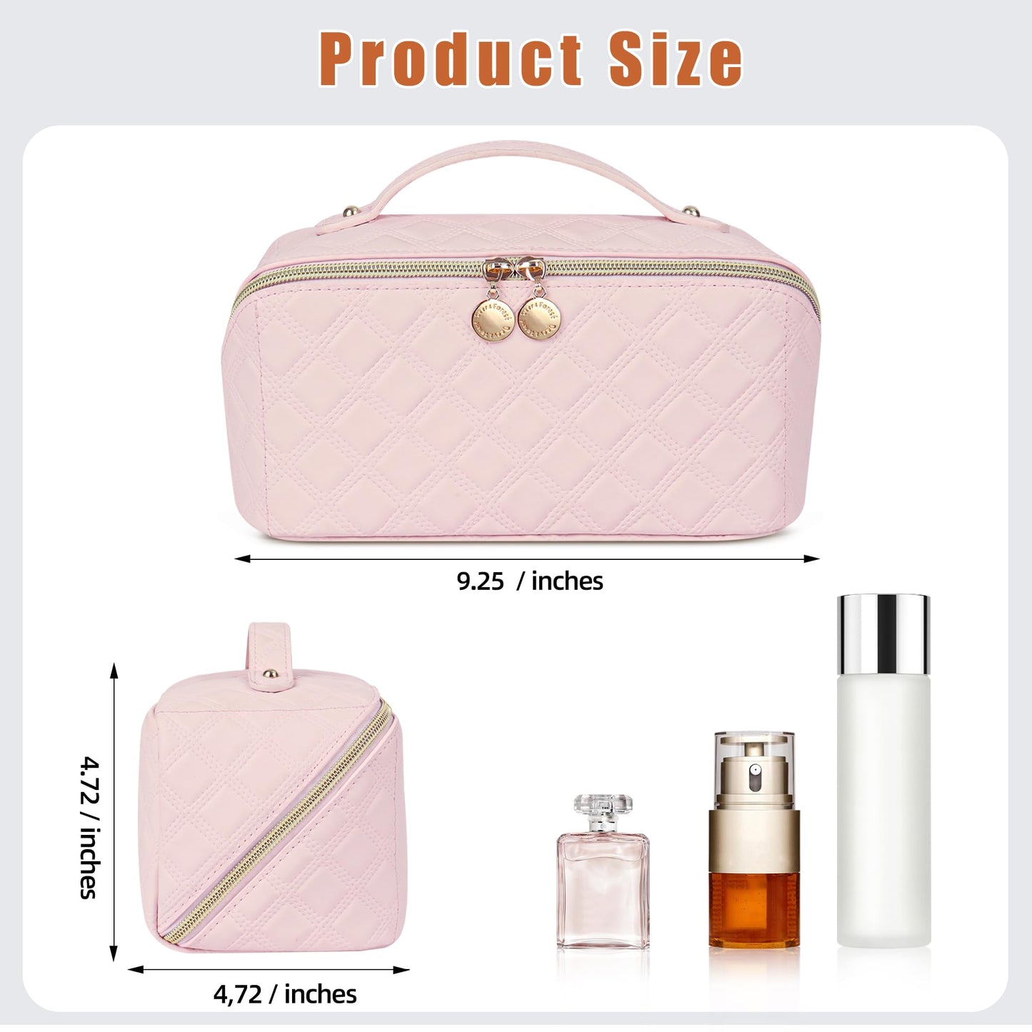 Ineowelly Makeup Bag, Large Capacity Travel Cosmetic Bag for Women, PU Leather Makeup Travel Bag Waterproof, Multifunctional Toiletry Bag with Portable Handle & Layered (Pink)