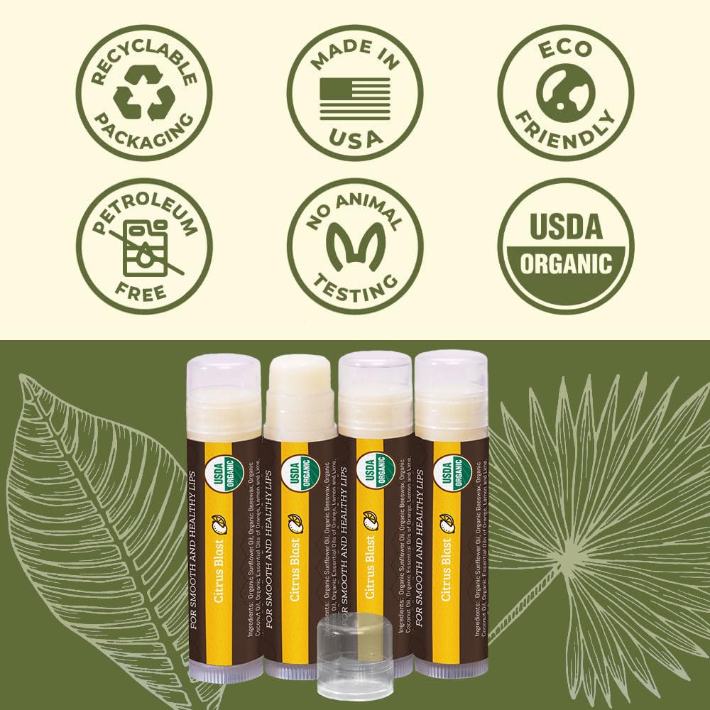 USDA Organic Lip Balm 4-Pack by Earth's Daughter - Citrus Flavor, Beeswax, Coconut Oil, Vitamin E - Best Lip Repair Chapstick for Dry Cracked Lips.