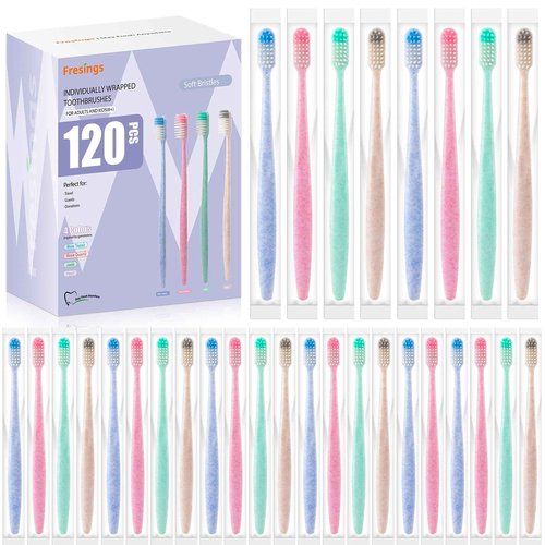 Fresings 120-Pack Disposable Toothbrushes Individually Wrapped, Soft Bristle Bulk Travel Toothbrush for Adults, Kids, Guest, Hotel, Home, Camping, Donation – 4 Colors, Mini Manual Value Pack