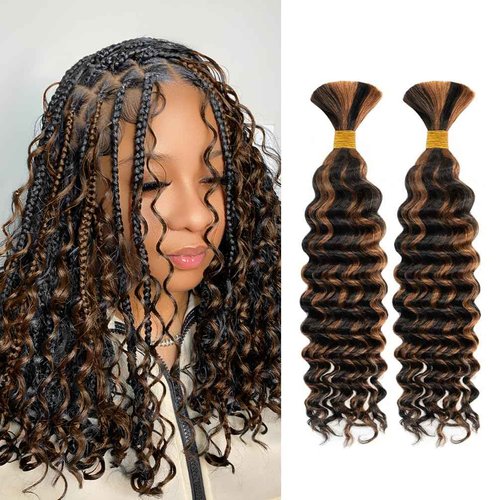 Human Braiding Hair for Boho Knotless Braids 2 Bundle 14 Inches 80g Deep Wave Bulk Human Hair for Braiding Hair Wet and Wavy 10A Brazilian Virgin Human Hair Balayage Black to Brown 1BP30