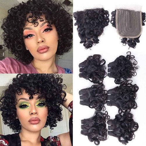 Peruvian Curly Hair Bundles Short Bob Wavy Curly Human Hair Bundles with Closure 10A Ocean Weave 6 Bundles with Closure 25g/Bundle(8"x6+8") Unprocessed Virgin Hair Bundle Natural Color