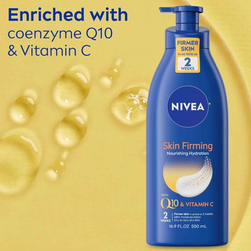 Nivea Nourishing Hydration Skin Firming Body Lotion (16.9 Fl Oz) + Skin Firming & Toning Body Gel Cream with Hyaluronic Acid (6.7 Oz), Enriched with Q10 and Vitamin C