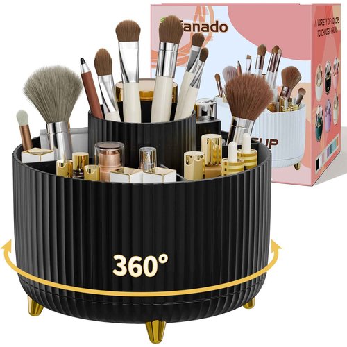 fanado 360° Rotate Makeup Brush Holder Organizer, Makeup Organizers Countertop, Makeup organization and Skincare Storage with Gift Box Packing for Vanity, Desktop, Bathroom (Black)