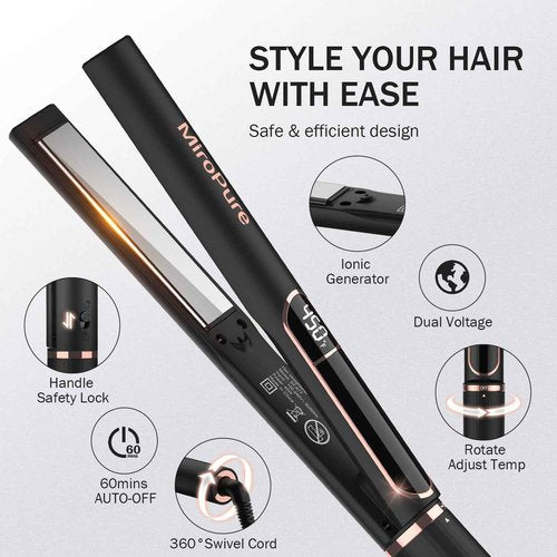 MiroPure Flat Iron Hair Straightener, 1 Inch Titanium Plates Hair Straightener with 15S Heat-up, Professional MCH Ceramic Negative Ion Hair Iron Dual Voltage for Women Hair with Auto Shut-Off F oH