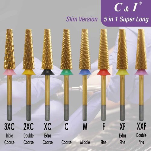 C&I 5 in 1 Nail Drill Bit Super Long Slim Efile Professional Nail Bits Nail Tech Must Have for Extension Nails Acrylic Powder Hard Gel Nail Tip Cuticle Remover Nail Supplies (Double Fine -XXF)