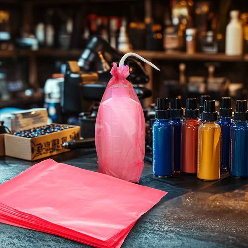 ZOOFOX 500 Pieces Wash Bottle Bags, Disposable Tattoo Bottles Bags, Pink Odorless Squeeze Bottle Covers for Tattoo Supplies Accessories