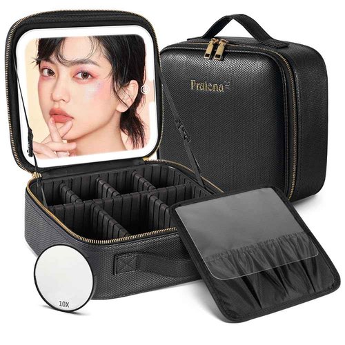 PRALENA Portable Travel Cosmetic Bag with LED, 3-color Adjustable Cosmetic Organizer, Women's Cosmetic Case, Mirror Makeup Bag Case Rechargeable (Black)