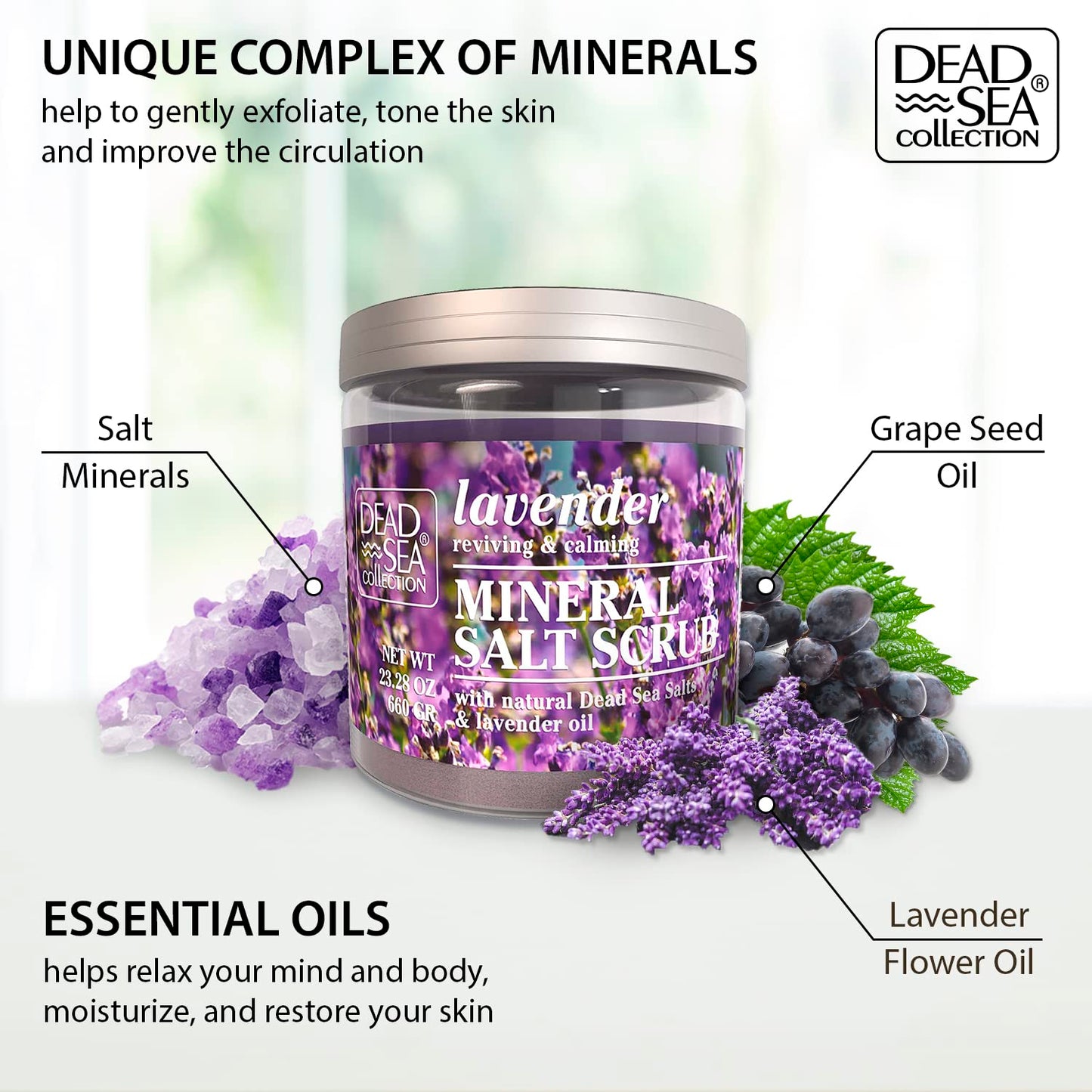 Dead Sea Collection Lavender Salt Body Scrub - Large 23.28 OZ - with Pure Oils and Dead Sea Minerals