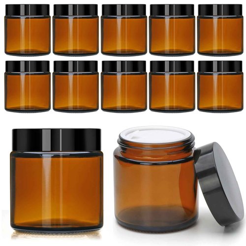 4oz Glass Amber Cosmetic Jars with Black Lids,12 Pack Empty Small Glass Jars with Inner Liners, Round Sample Container for Cream,Lotion,Ointments