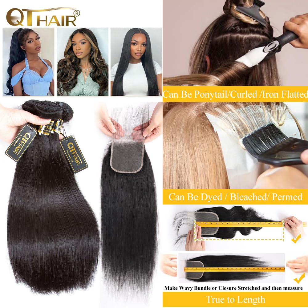 QTHAIR 14A Grade Brazilian Straight Human Hair Bundles with Closure(14" 14" 16"+12"Free Part Lace Closure,Natural Black) 100% Unprocessed Brazilian Virgin Hair Extensions for All Women