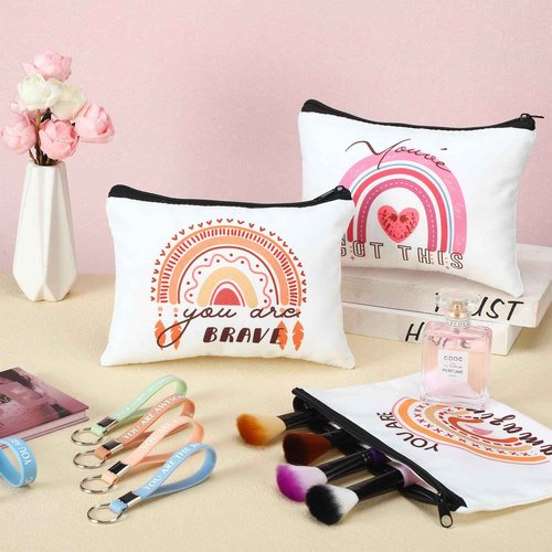 Hillban 32 Pcs Canvas Cosmetic Makeup Bag Women Christmas Inspirational Gifts Travel Toiletry Makeup Bag Pouch with Inspirational Keychains for Christmas Women Teacher Appreciation Gift(Rainbow)