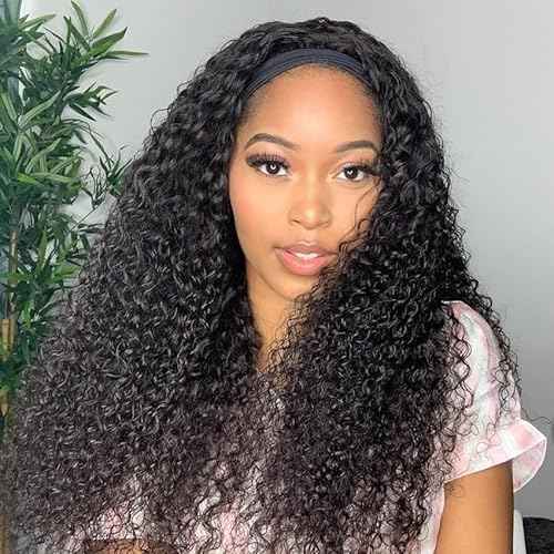 XSY Headband Wig Human Hair for Black Women Kinky Curly Headband Wig Glueless Brazilian Hair None Lace Front Wigs 150% Density Half Wigs Natural Colour 150% Density (22inch)