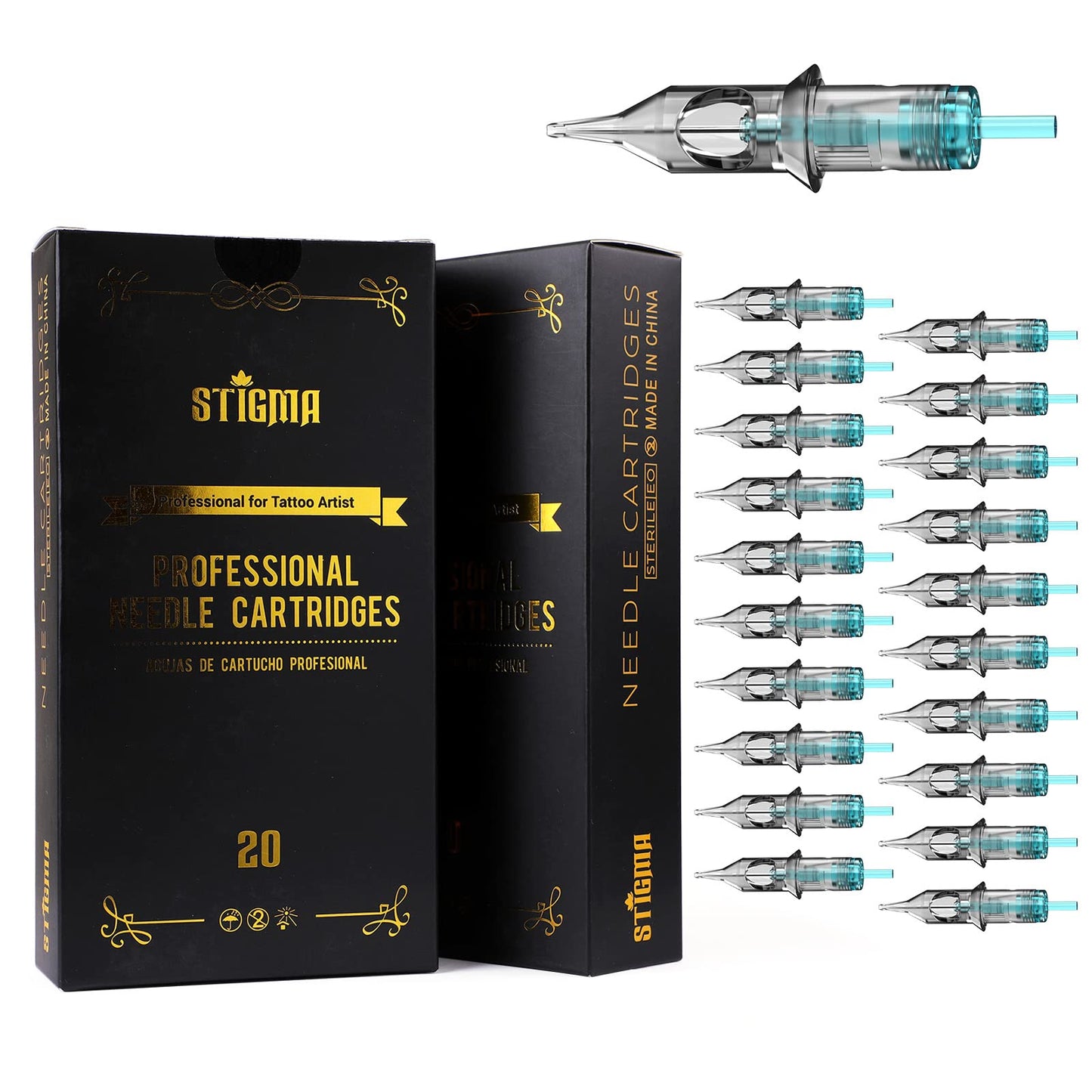 STIGMA Aquamarine Knight Tattoo Cartridges #12(7RS) 20Pcs Round Shader 0.35mm Standard M-Taper Disposable Tattoo Needle Cartridges with Membrane EN02B-20-1207RS