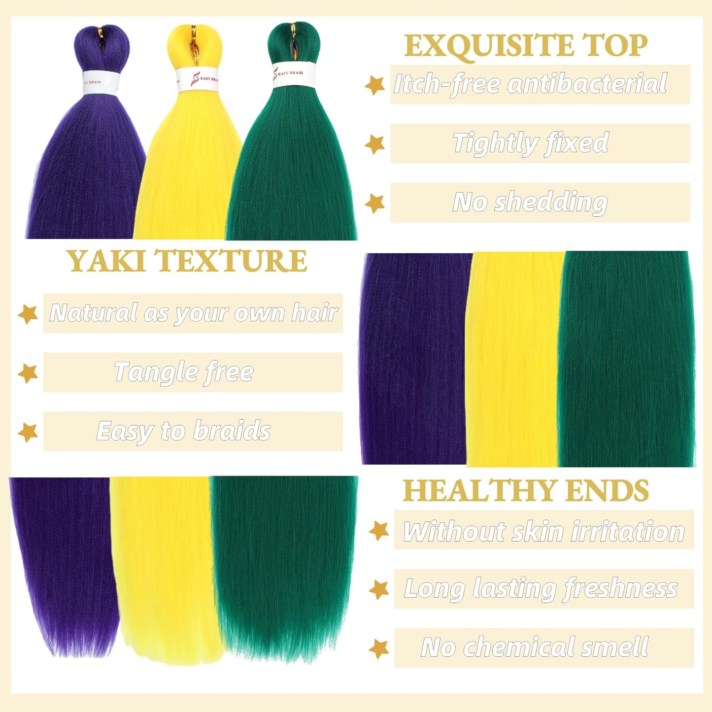 Menethe Hair Braiding Hair Pre Stretched 24 inch Colored Prestretched Braiding Hair Natural as Human Braiding Hair Extensions Crochet Hair Synthetic Crochet Braids(24Inch,Green/Purple/Yellow#).