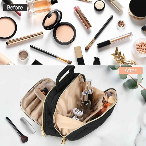 RAINSMORE Travel Makeup Bag Large Capacity Cosmetic Bag Waterproof Makeup Organizer Bag Wide Open Makeup Pouch with Handle Toiletry Bag Make Up Bag for Women Girl Black