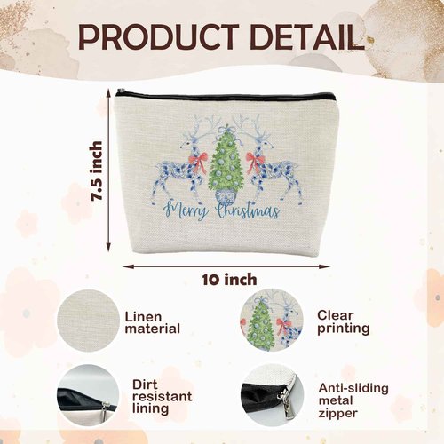 ignytiger Blue Chinoiserie Christmas Deer Reindeer Makeup Bag, Chinoiserie Decor Christmas Gifts Cosmetic Bags for Women, Grandmillennial Bow Xmas Holiday Makeup Bag Gifts Zipper Pouches for Purse