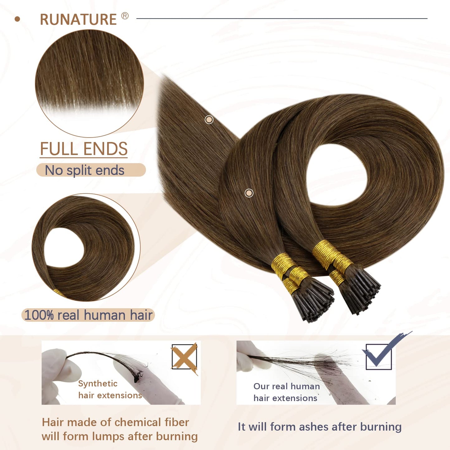 RUNATURE Remy I Tip Hair Extensions Human Hair Brown I Tip Hair Extensions Full Ends Short Itips Human Hair Extensions Pre Bonded K Tip Hair Extensions Real Human Hair Straight 14 Inch 50g 50s