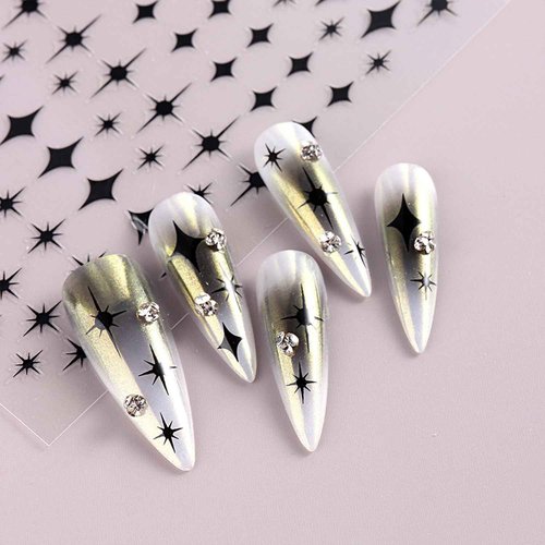 12 Sheets Star Nail Art Stickers Decals Gold Silvery Nail Stickers Star Design 3D Self-Adhesive Nail Decals Black White Manicure Supplies for Holiday Nail Art Decorations
